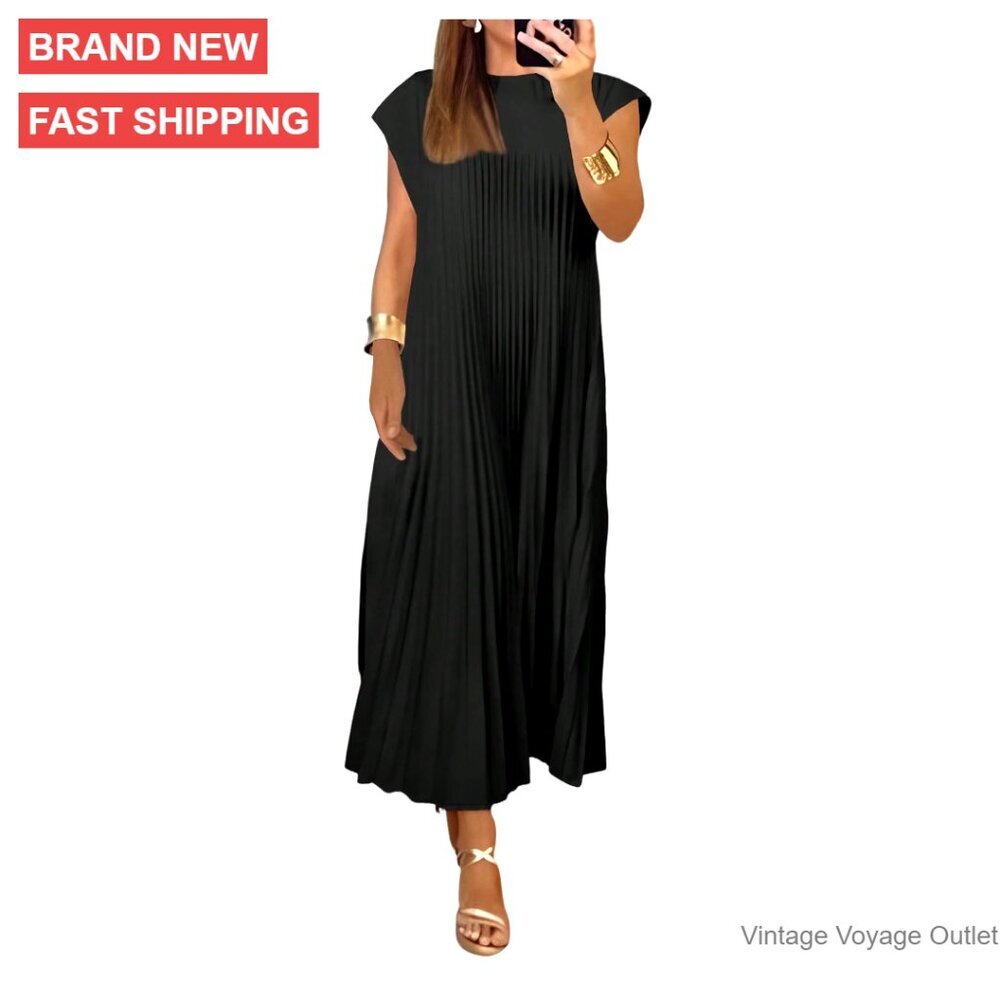 Pleated Chiffon Maxi Dress, Short Sleeve, Casual Wedding Guest Outfit